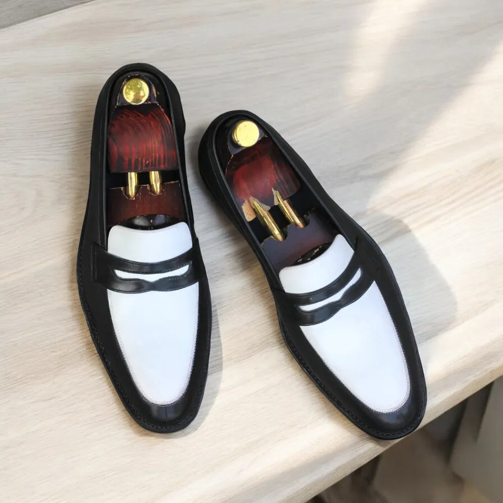 Sleek Contrast: Black & White Leather Penny Loafers at Posh Footwears