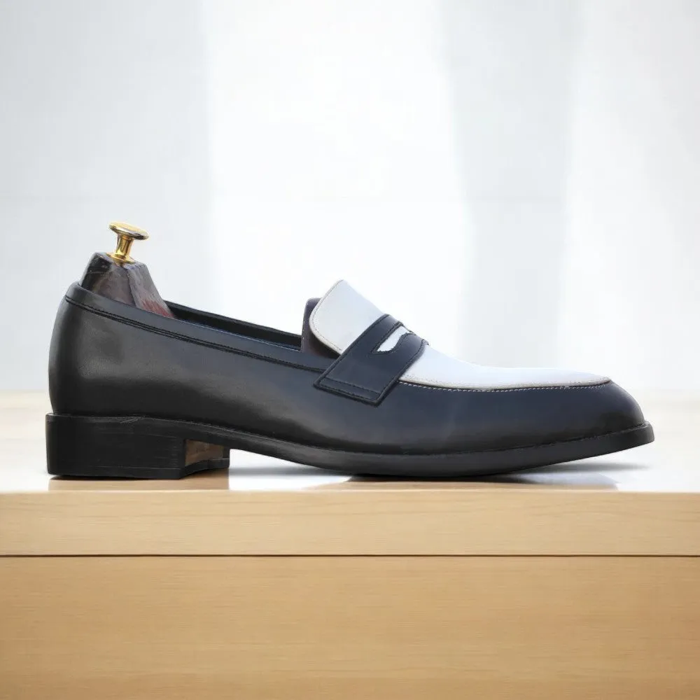 Sleek Contrast: Black & White Leather Penny Loafers at Posh Footwears