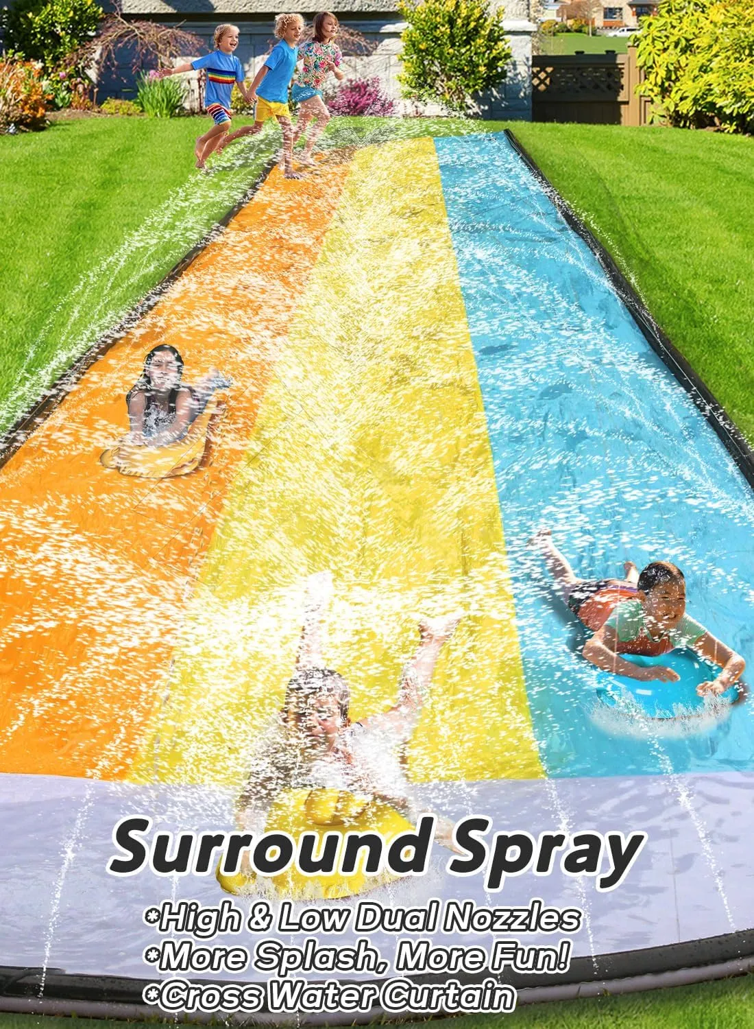 Slip and Water Slip，Water Slide for Kids Backyard 22ft*3 Lane Color-Block,Surrounding Sprinkler Summer Toys for Kids Outdoor with 3 Bodyboards