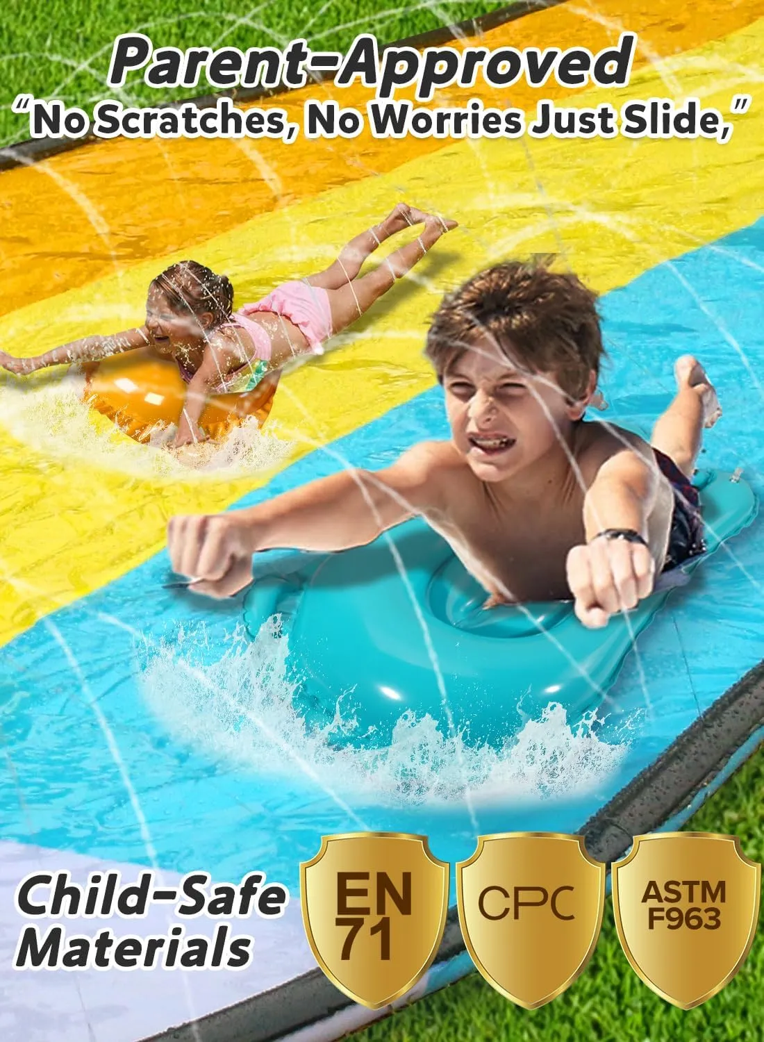Slip and Water Slip，Water Slide for Kids Backyard 22ft*3 Lane Color-Block,Surrounding Sprinkler Summer Toys for Kids Outdoor with 3 Bodyboards