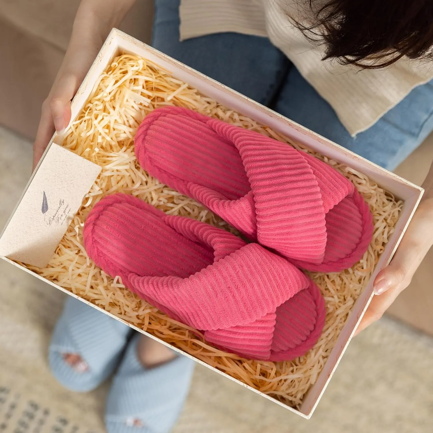 Slippers for Women Memory Foam House Bedroom Corduroy Crossbands Open Toe Slides Sandals Shoes Comfy Trendy Gift for womens Anti-Skid sole