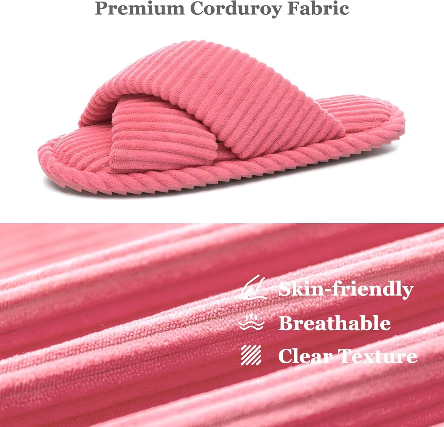 Slippers for Women Memory Foam House Bedroom Corduroy Crossbands Open Toe Slides Sandals Shoes Comfy Trendy Gift for womens Anti-Skid sole