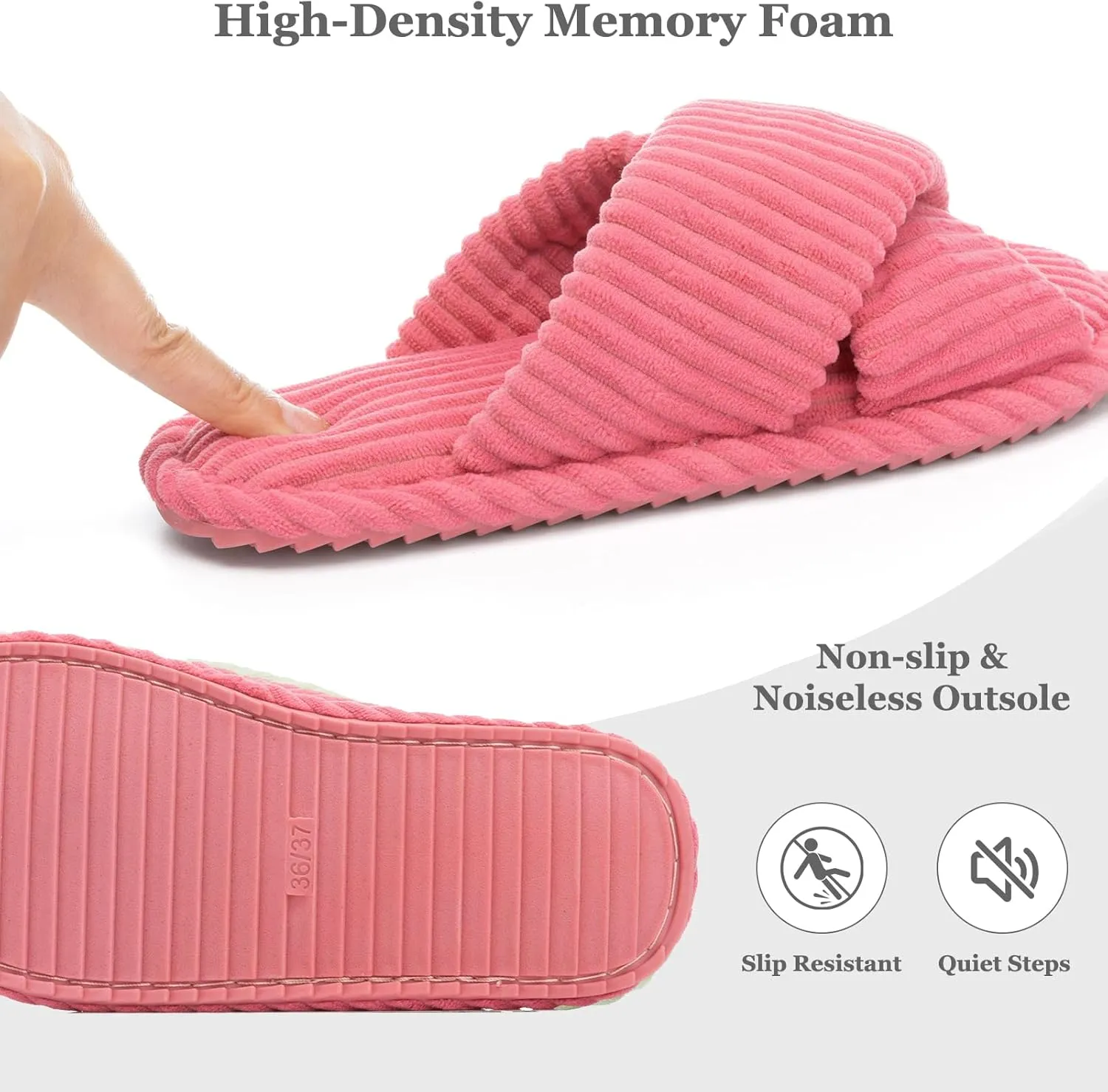 Slippers for Women Memory Foam House Bedroom Corduroy Crossbands Open Toe Slides Sandals Shoes Comfy Trendy Gift for womens Anti-Skid sole