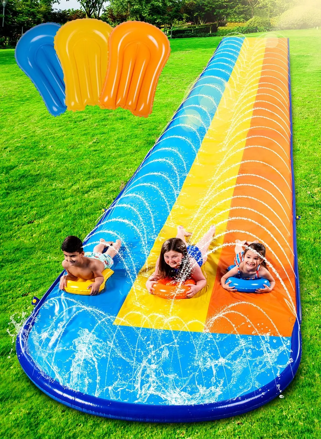 Sloosh Triple Water Slide with 3 BodyBoards, 22.5FT Lawn Water Splash Slip and Slide Summer Toy Splash Pad with Build in Advanced Sprinkler for Kids Adults Backyard Summer Water Fun