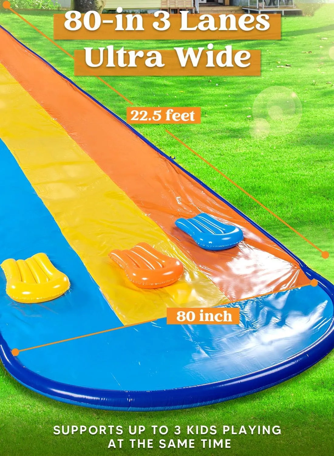 Sloosh Triple Water Slide with 3 BodyBoards, 22.5FT Lawn Water Splash Slip and Slide Summer Toy Splash Pad with Build in Advanced Sprinkler for Kids Adults Backyard Summer Water Fun