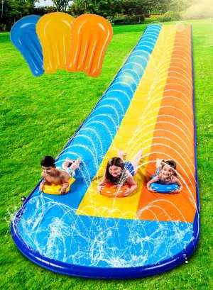 Sloosh Triple Water Slide with 3 BodyBoards, 22.5FT Lawn Water Splash Slip and Slide Summer Toy Splash Pad with Build in Advanced Sprinkler for Kids Adults Backyard Summer Water Fun