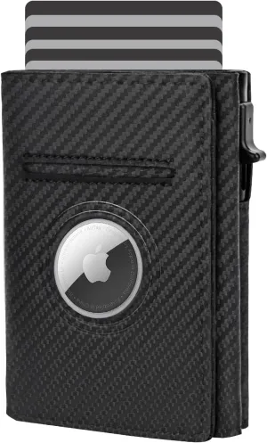 Smart Men Wallet Front Pocket Card Holder for Apple AirTag:RFID Blocking, Pop Up Aluminum Card Case, 10-14 Card Capacity, IDWindow, Cash Slot, Minimalist, Slim, Trifold, Magnetic Closure, Carbon Fiber