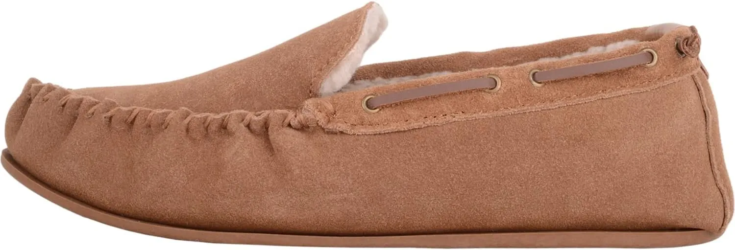 SNUGRUGS Mens Easy Slip On Suede Berber Fleece Winter Moccasin Slippers with Leather Trim
