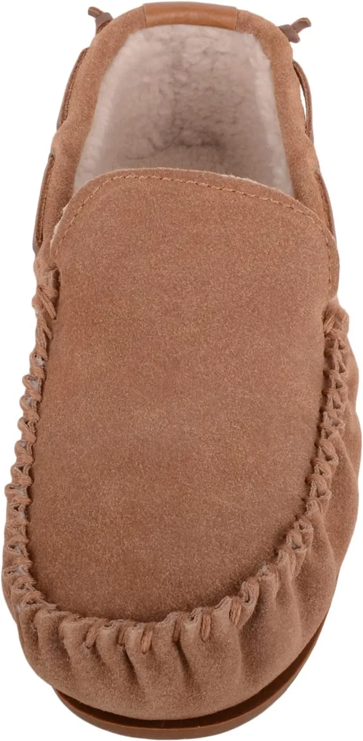 SNUGRUGS Mens Easy Slip On Suede Berber Fleece Winter Moccasin Slippers with Leather Trim