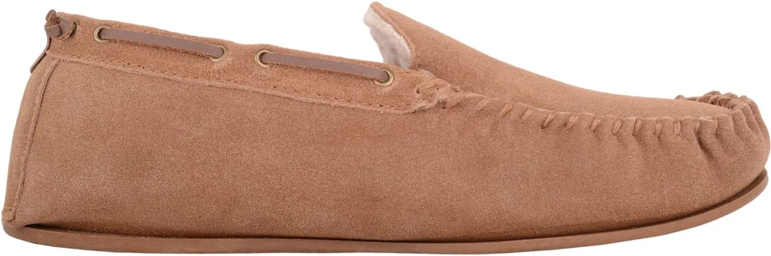SNUGRUGS Mens Easy Slip On Suede Berber Fleece Winter Moccasin Slippers with Leather Trim