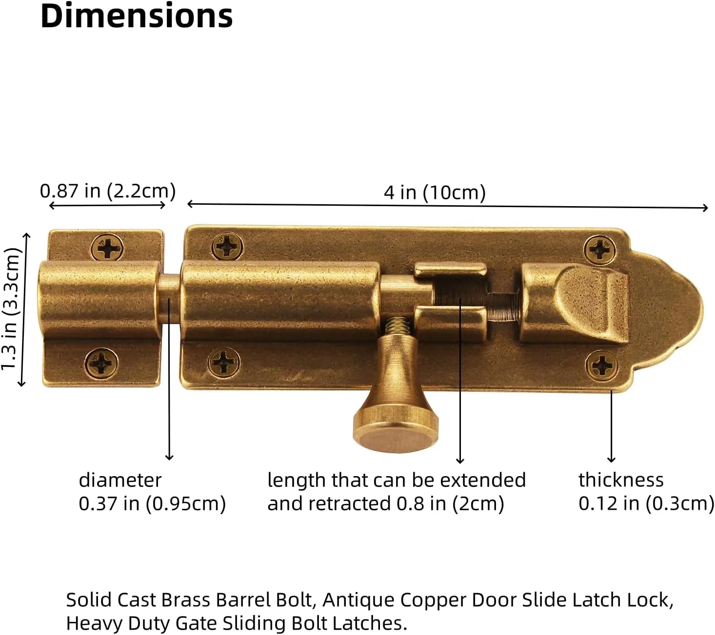 Solid Cast Brass Barrel Bolt, Antique Brass Door Slide Latch Lock, Heavy Duty Gate Sliding Bolt Latch