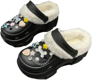 Solid Color Thermal Lined Clogs, Slip On Soft Sole Platform Non-Slip Fuzzy Shoes, Winter Plush Closed Toe Shoes