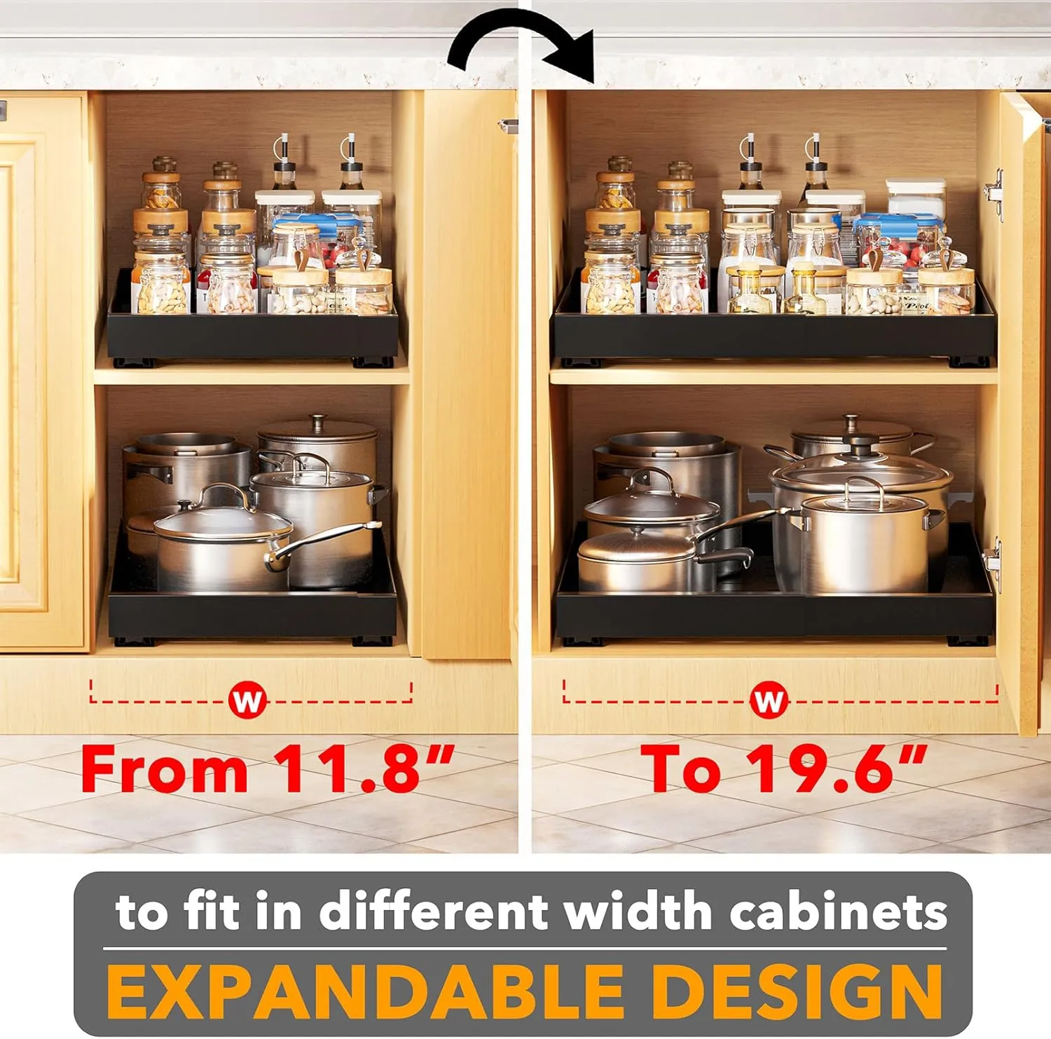 SpaceAid Pull Out Cabinet Organizer, 1 Pack Expandable 11.8"-19.6" (Need to Pull to Widen) Heavy Duty Pull-Out Drawer with Adhesive Tape for Kitchen Storage Cabinets (Black, 21" Deep)