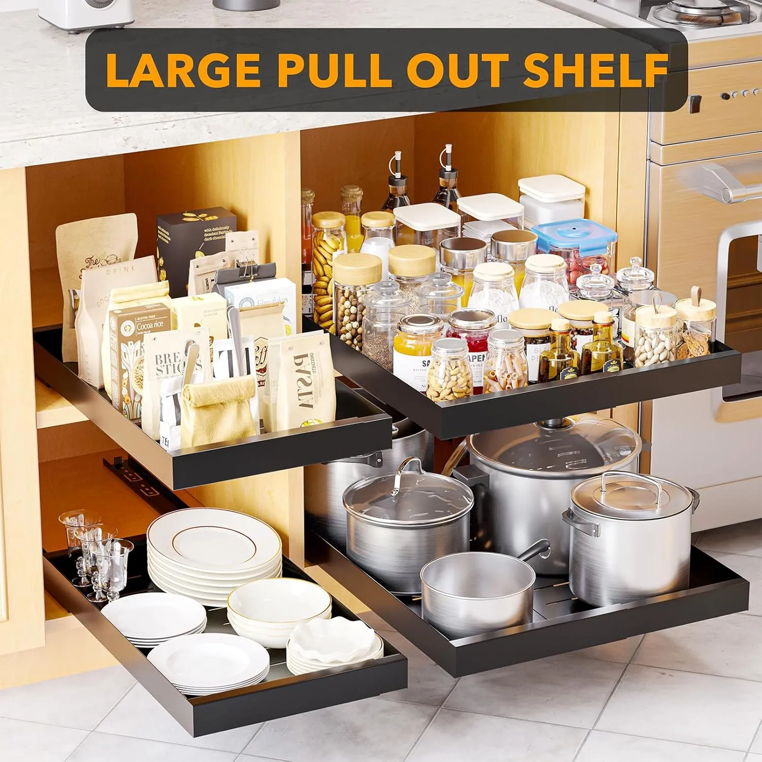 SpaceAid Pull Out Cabinet Organizer, 1 Pack Expandable 11.8"-19.6" (Need to Pull to Widen) Heavy Duty Pull-Out Drawer with Adhesive Tape for Kitchen Storage Cabinets (Black, 21" Deep)
