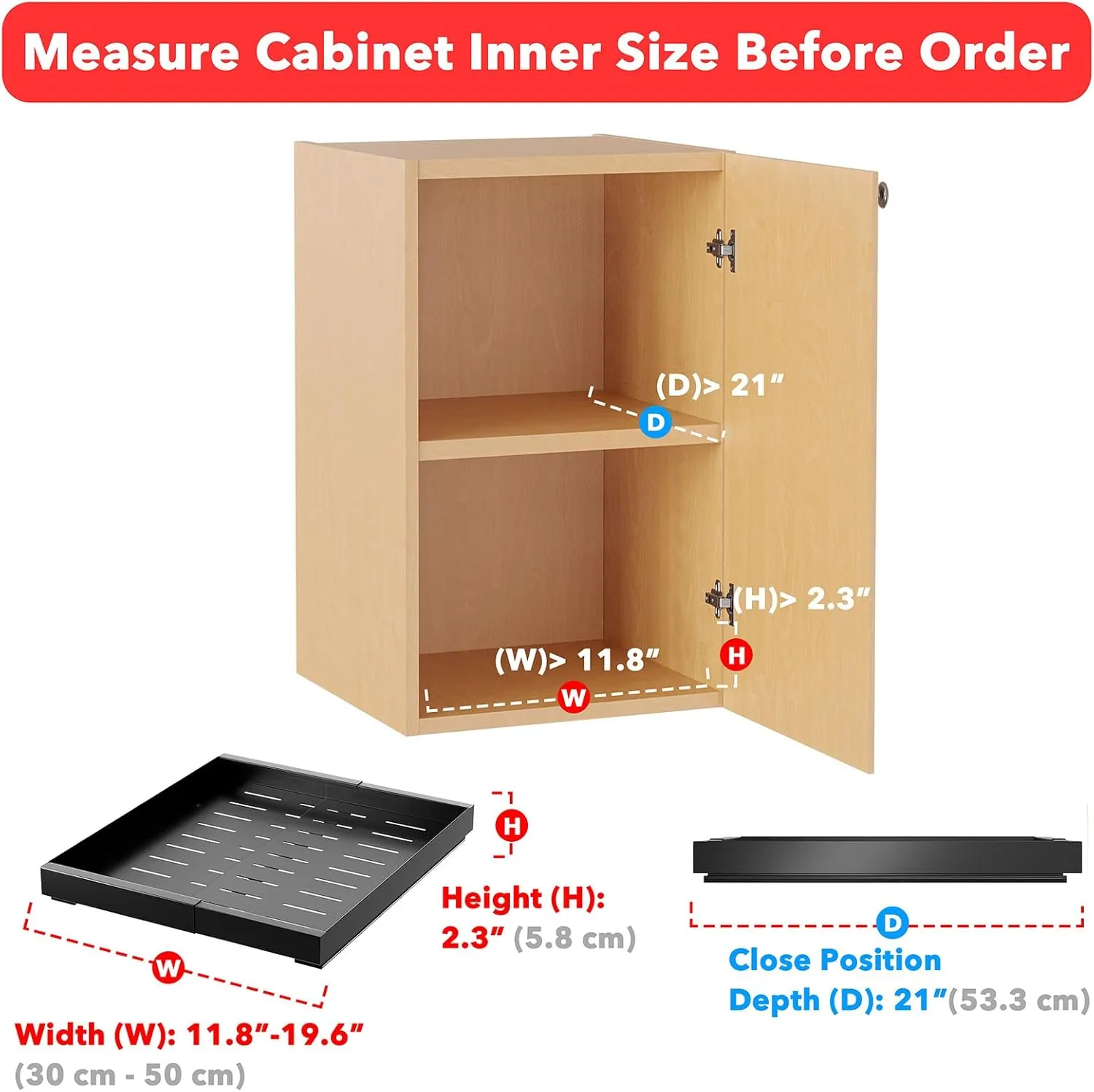 SpaceAid Pull Out Cabinet Organizer, 1 Pack Expandable 11.8"-19.6" (Need to Pull to Widen) Heavy Duty Pull-Out Drawer with Adhesive Tape for Kitchen Storage Cabinets (Black, 21" Deep)