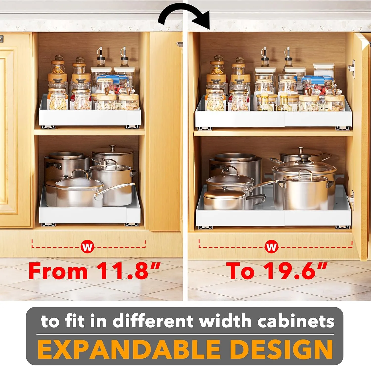 SpaceAid Pull Out Cabinet Organizer, 1 Pack Expandable 11.8"-19.6" (Need to Pull to Widen) Heavy Duty Pull-Out Drawer with Adhesive Tape for Kitchen Storage Cabinets (White, 21" Deep)