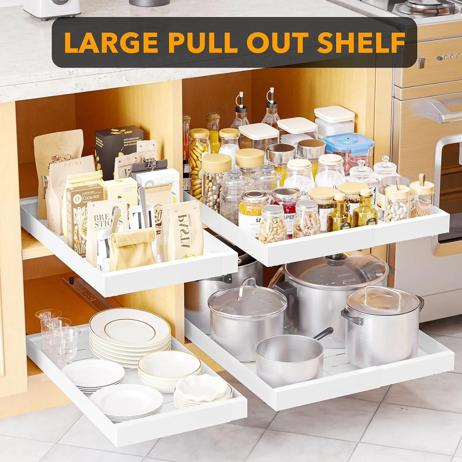 SpaceAid Pull Out Cabinet Organizer, 1 Pack Expandable 11.8"-19.6" (Need to Pull to Widen) Heavy Duty Pull-Out Drawer with Adhesive Tape for Kitchen Storage Cabinets (White, 21" Deep)