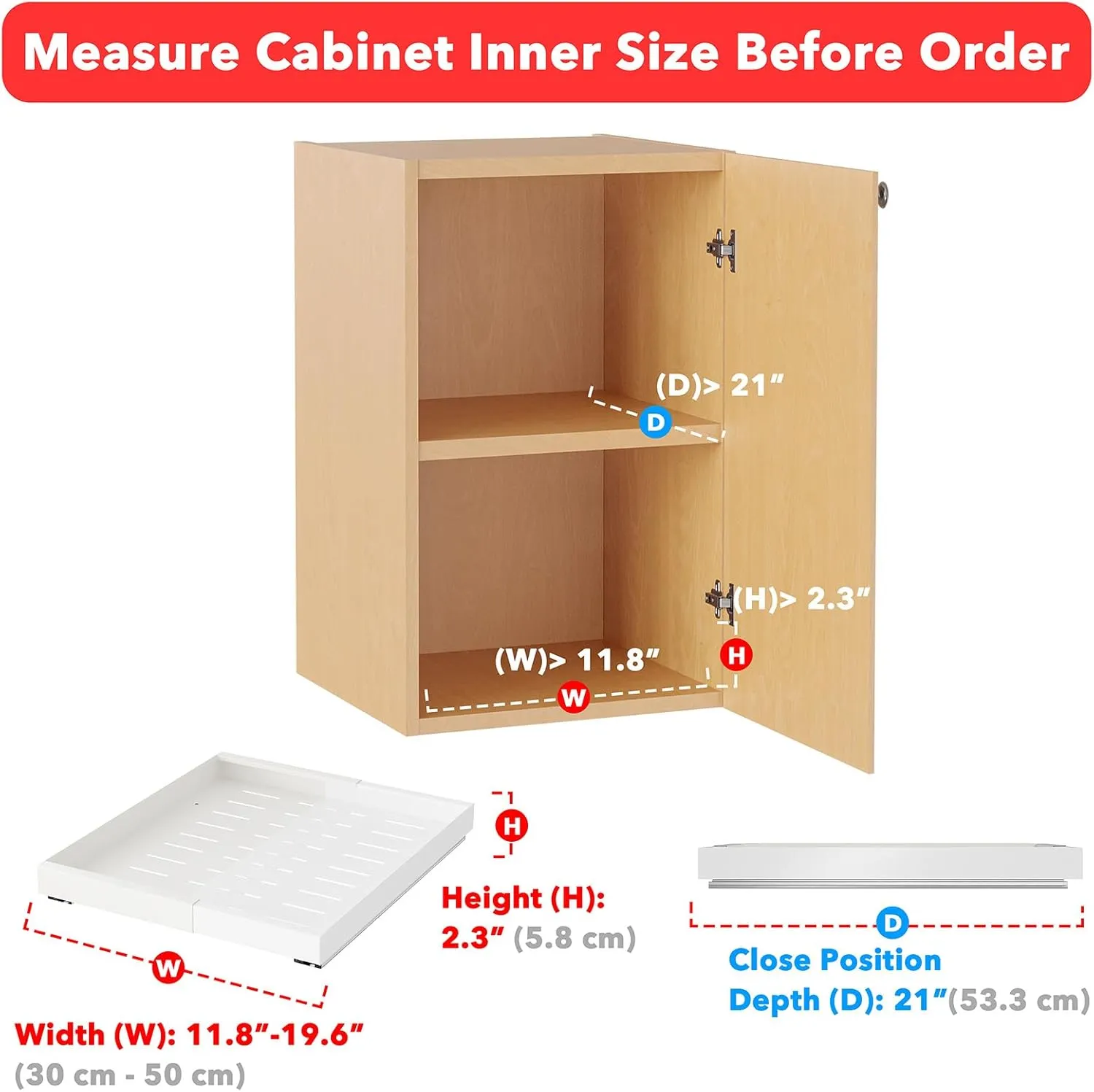 SpaceAid Pull Out Cabinet Organizer, 1 Pack Expandable 11.8"-19.6" (Need to Pull to Widen) Heavy Duty Pull-Out Drawer with Adhesive Tape for Kitchen Storage Cabinets (White, 21" Deep)