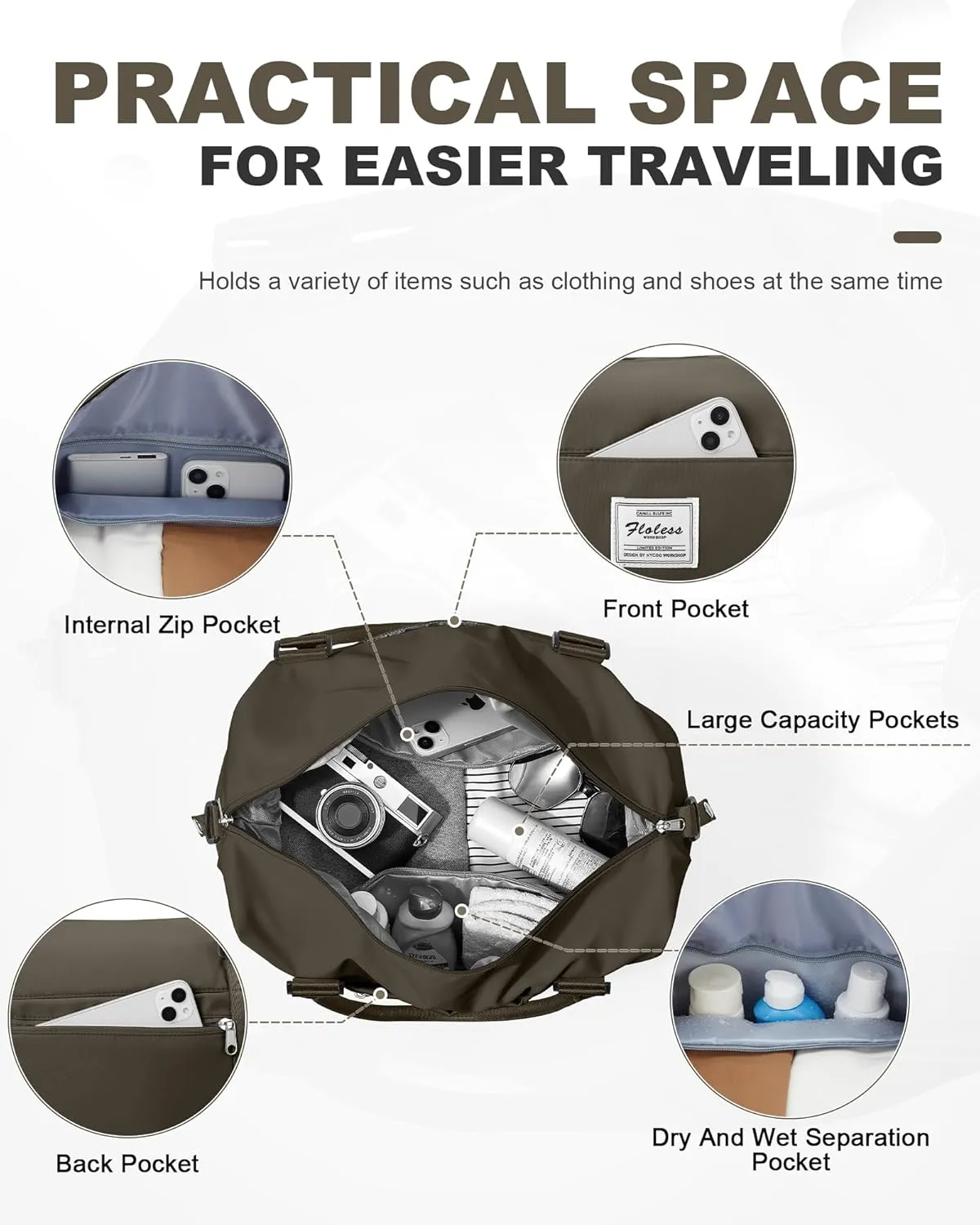 Spirit Travel Duffel - 18x14x8 Inches Weekender Overnight Bag with Shoes Compartment, Trolley Sleeve, Carry On for Airplanes, Sport Tote Gym Bag - Dark Brown