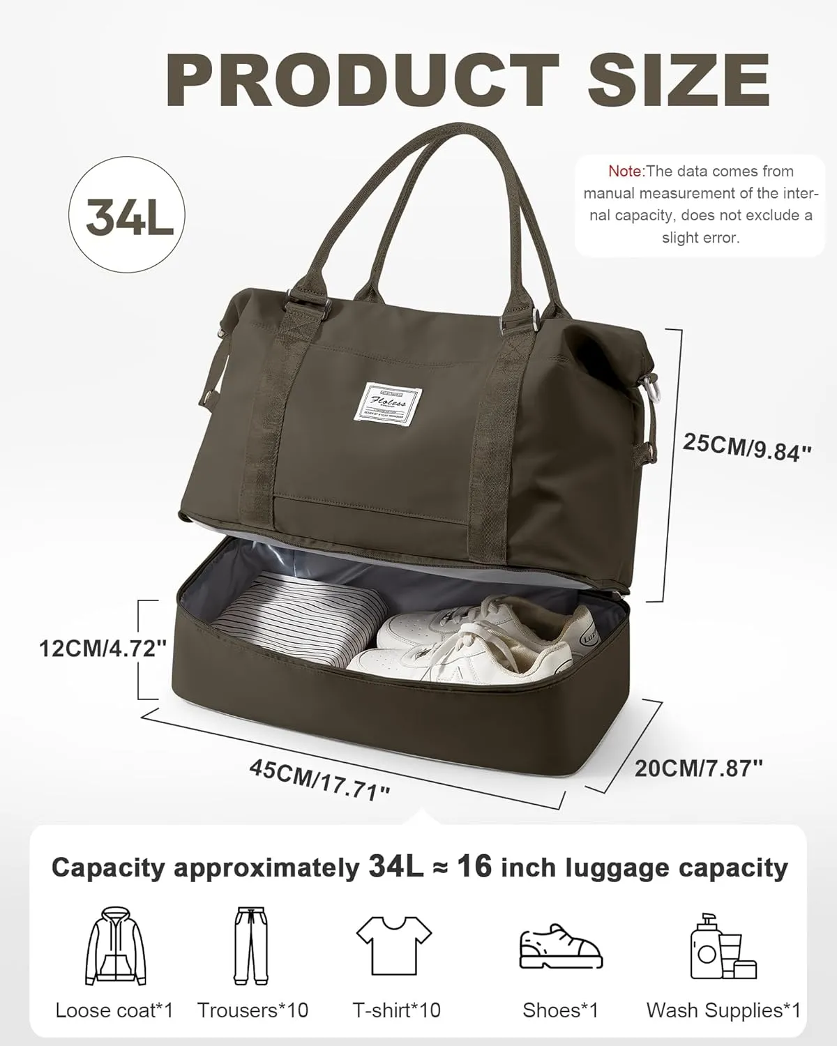 Spirit Travel Duffel - 18x14x8 Inches Weekender Overnight Bag with Shoes Compartment, Trolley Sleeve, Carry On for Airplanes, Sport Tote Gym Bag - Dark Brown