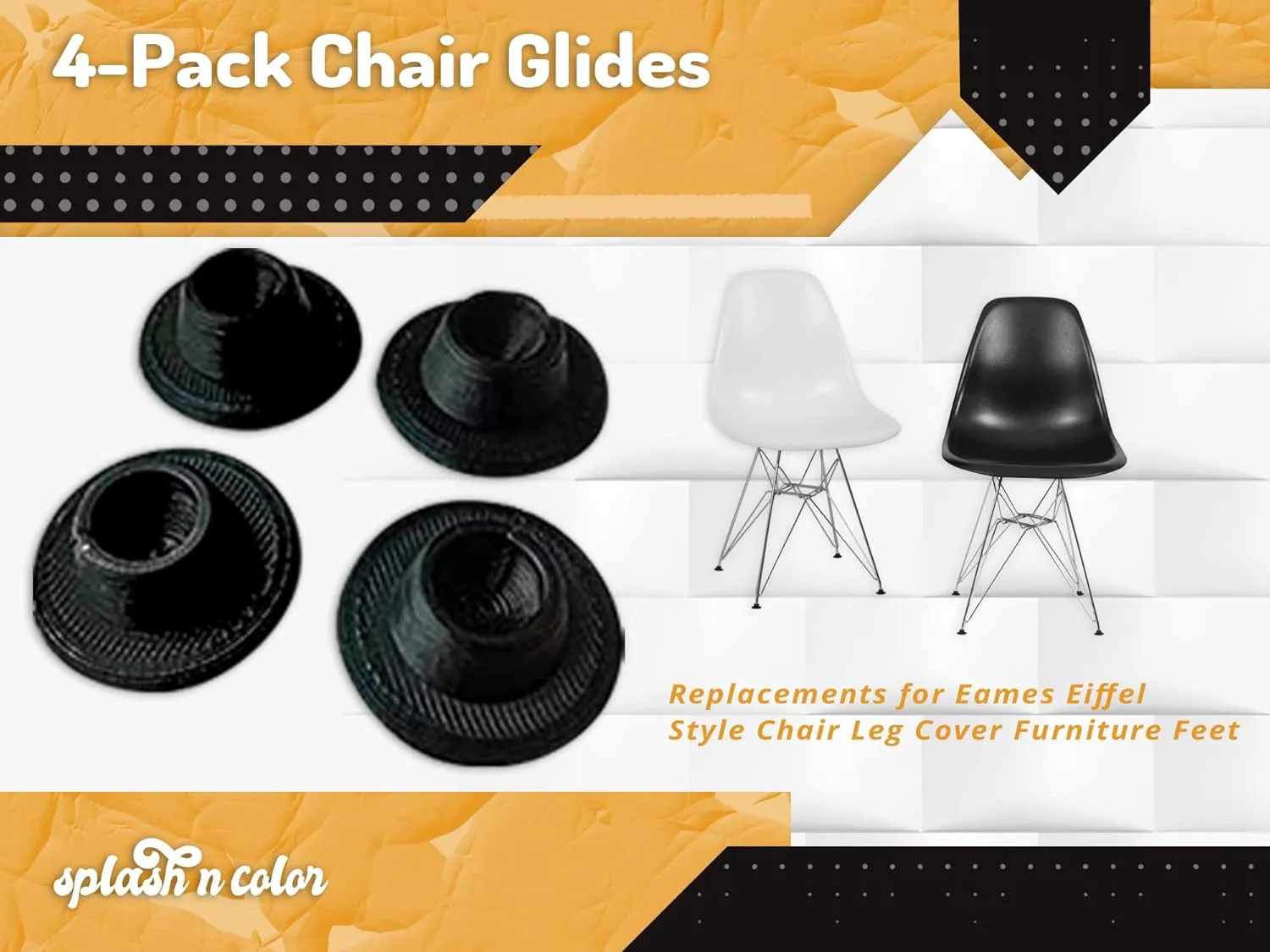 SplashNColor 8-Pack Chair Glides | Replacements for Eames Eiffel Style Chair Leg Cover Furniture Feet Black | Easy to Install | Made with Durable Material