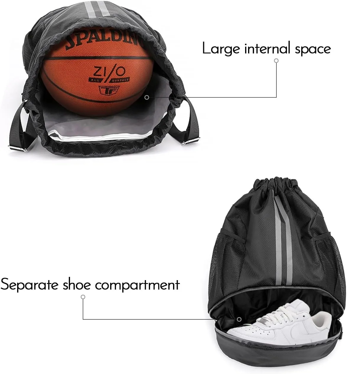 Sports Gym Drawstring Backpack with Shoe Compartment, Waterproof Pocket & Water Bottle Holder for Men and Women (Grey)