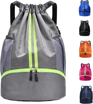 Sports Gym Drawstring Backpack with Shoe Compartment, Waterproof Pocket & Water Bottle Holder for Men and Women (Grey)