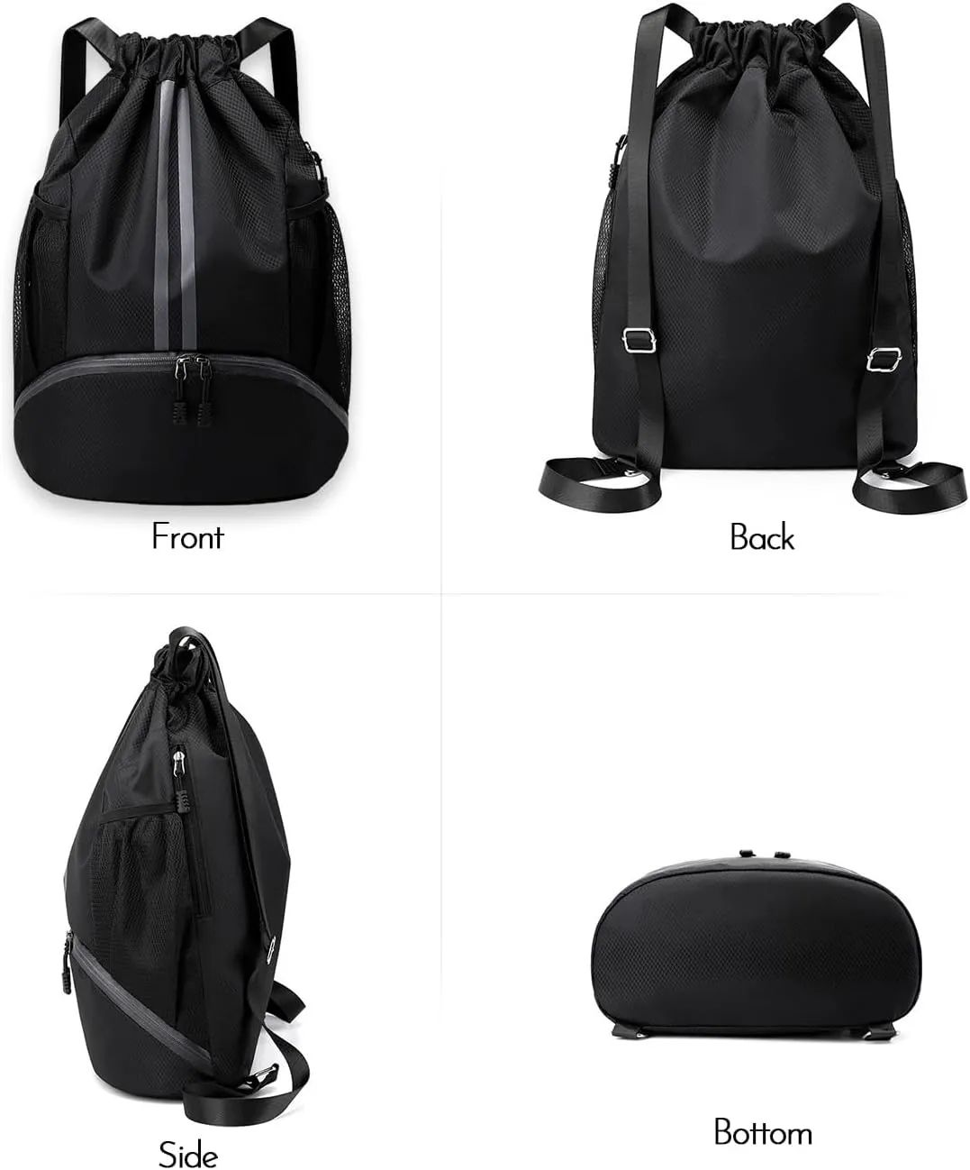 Sports Gym Drawstring Backpack with Shoe Compartment, Waterproof Pocket & Water Bottle Holder for Men and Women (Grey)