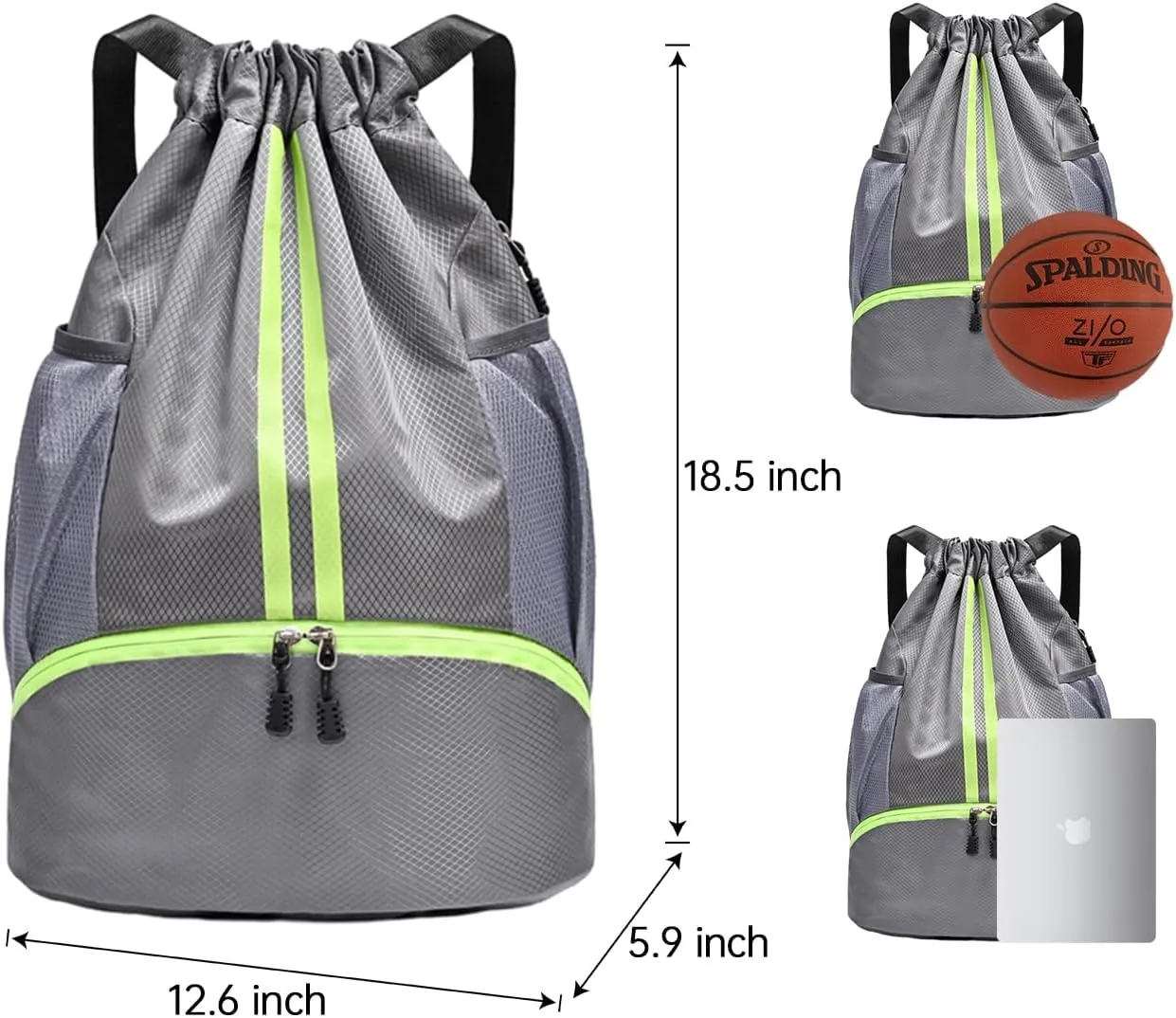 Sports Gym Drawstring Backpack with Shoe Compartment, Waterproof Pocket & Water Bottle Holder for Men and Women (Grey)