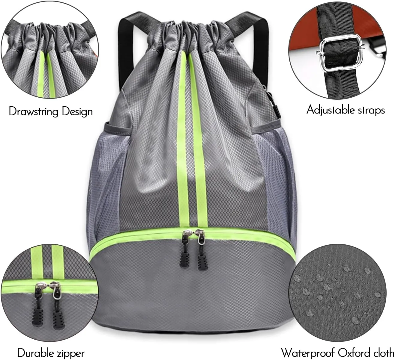 Sports Gym Drawstring Backpack with Shoe Compartment, Waterproof Pocket & Water Bottle Holder for Men and Women (Grey)