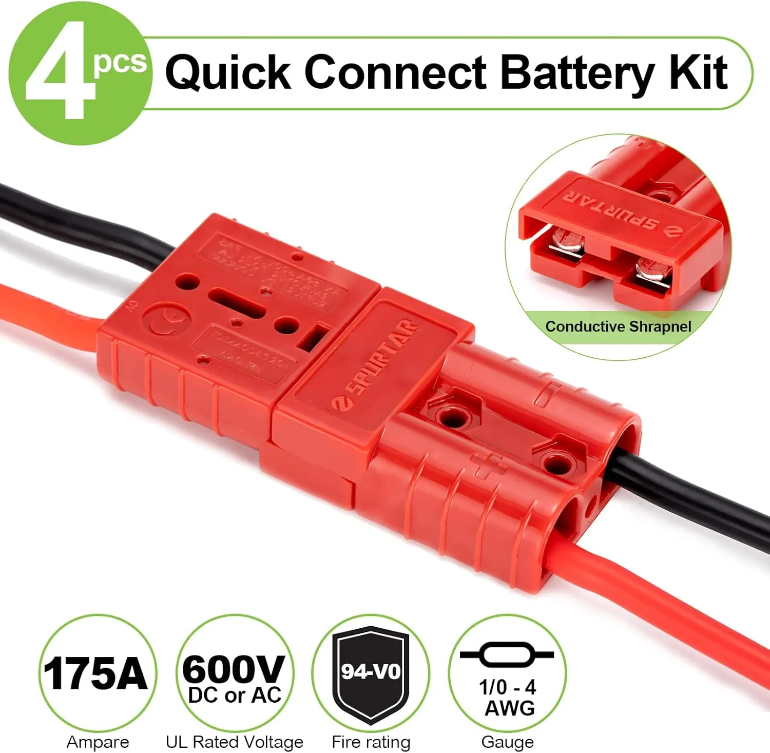 Spurtar 175A Battery Quick Connect/Disconnect, 1/0 AWG Wire Harness Plug, 12-36V Quick Connect Jumper Cables for Car ATV Lifts Motors Trailer Towing Winch, 4Pcs, Red