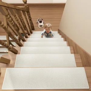 Stair Treads Carpet for Wooden Steps with Non Slip Rubber Backing, 100% Polyester Soft Stairs Resistant Indoor Skid Runner Safety Rugs for Kids Elders and Pets (4, Cream, 30" * 8")