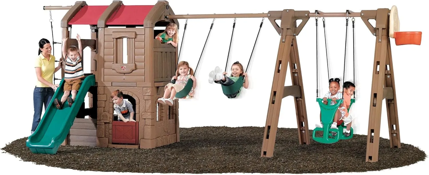 Step2 Naturally Playful Adventure Lodge Play Center with Glider, Kids Outdoor Playset, Two Tier Backyard Playground Set, Slide, Swings, Rope Ladder, Basketball Hoop, Jungle Gym, Children 3-8 Years Old