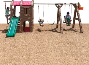 Step2 Naturally Playful Adventure Lodge Play Center with Glider, Kids Outdoor Playset, Two Tier Backyard Playground Set, Slide, Swings, Rope Ladder, Basketball Hoop, Jungle Gym, Children 3-8 Years Old