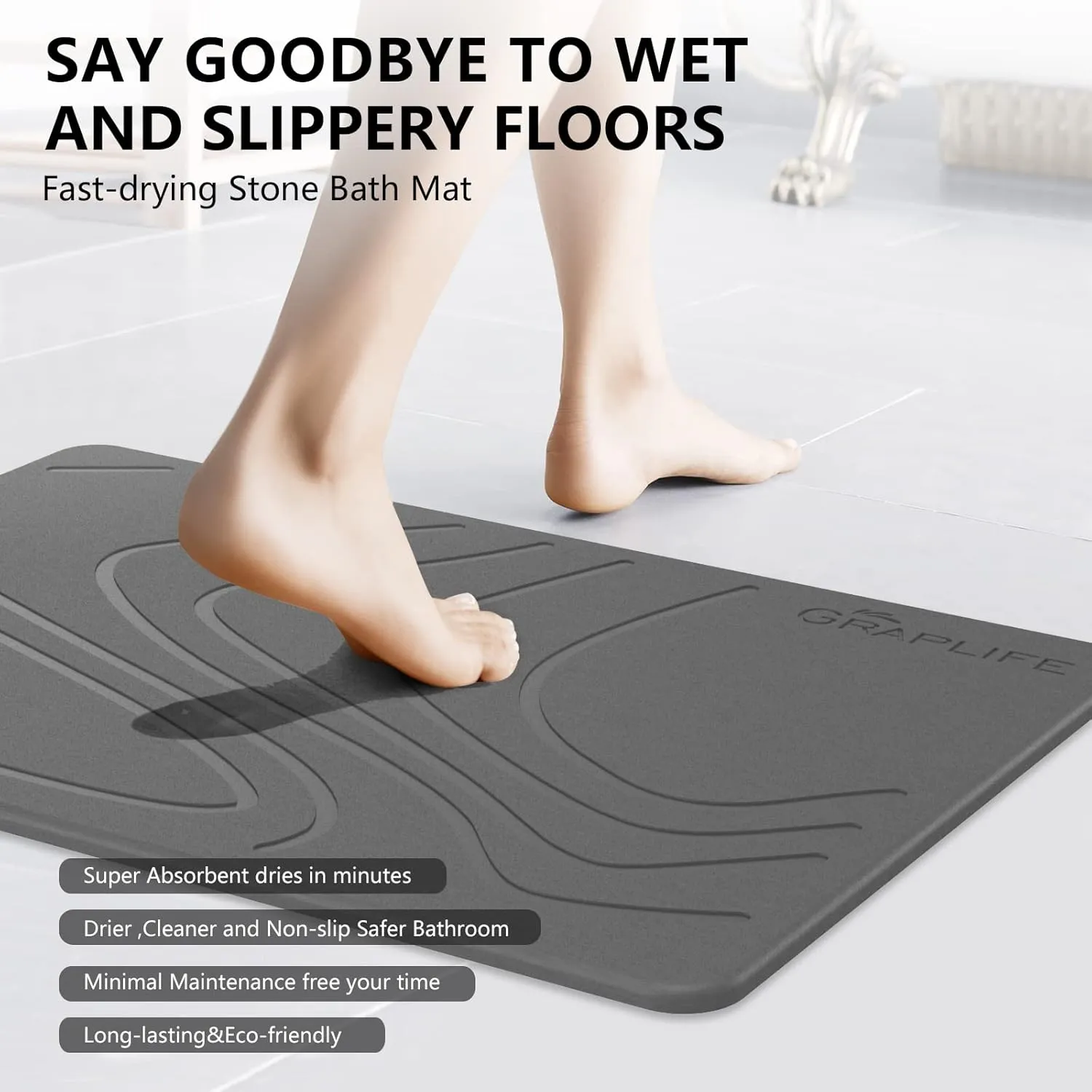 Stone Bath Mat 2 Pack Super Absorbent Diatomaceous Earth Shower Mat for Bathroom Tub, Non-Slip Fast Drying Mats Easy to Clean Gray