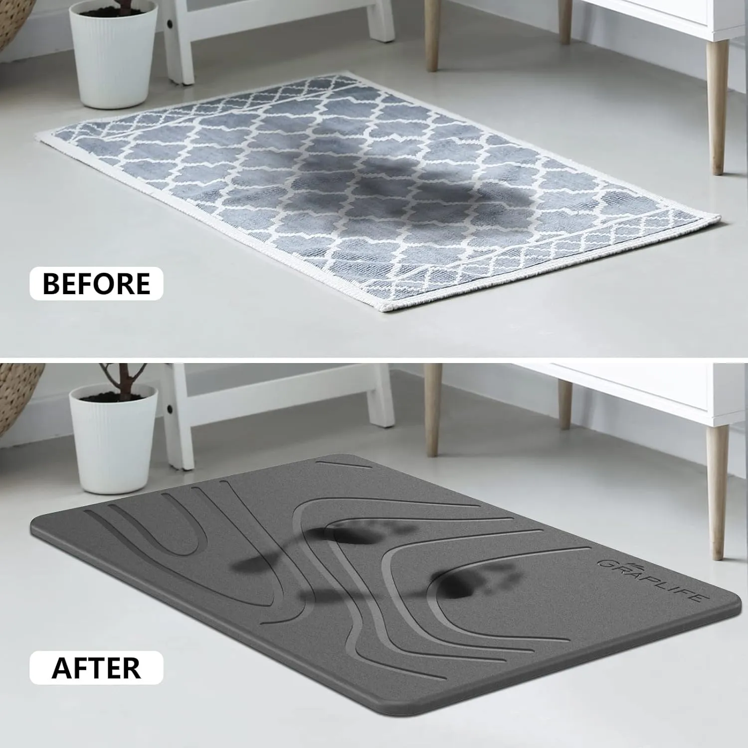Stone Bath Mat 2 Pack Super Absorbent Diatomaceous Earth Shower Mat for Bathroom Tub, Non-Slip Fast Drying Mats Easy to Clean Gray