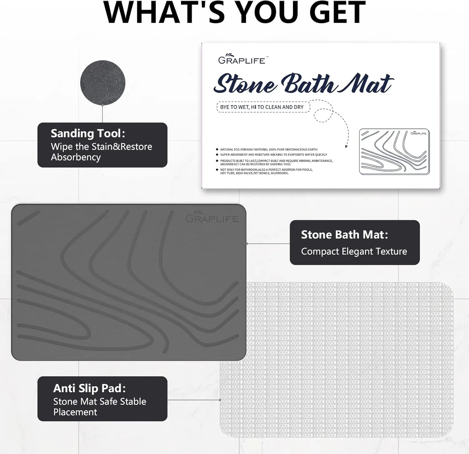 Stone Bath Mat 2 Pack Super Absorbent Diatomaceous Earth Shower Mat for Bathroom Tub, Non-Slip Fast Drying Mats Easy to Clean Gray