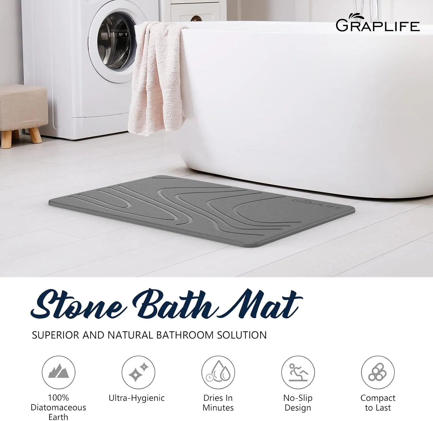 Stone Bath Mat 2 Pack Super Absorbent Diatomaceous Earth Shower Mat for Bathroom Tub, Non-Slip Fast Drying Mats Easy to Clean Gray