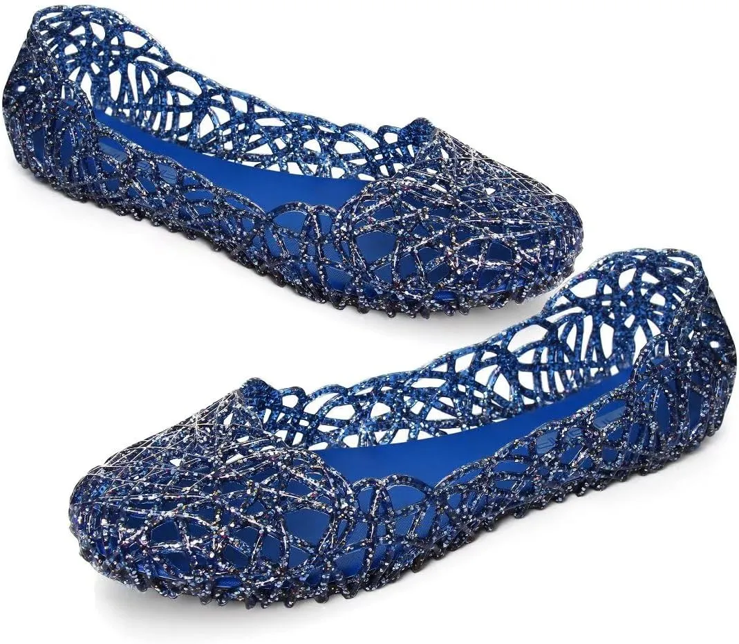 Stunner Women's Beach Jelly Shoes Slip On Crystal Summer Soft Hollow Ballet Flats
