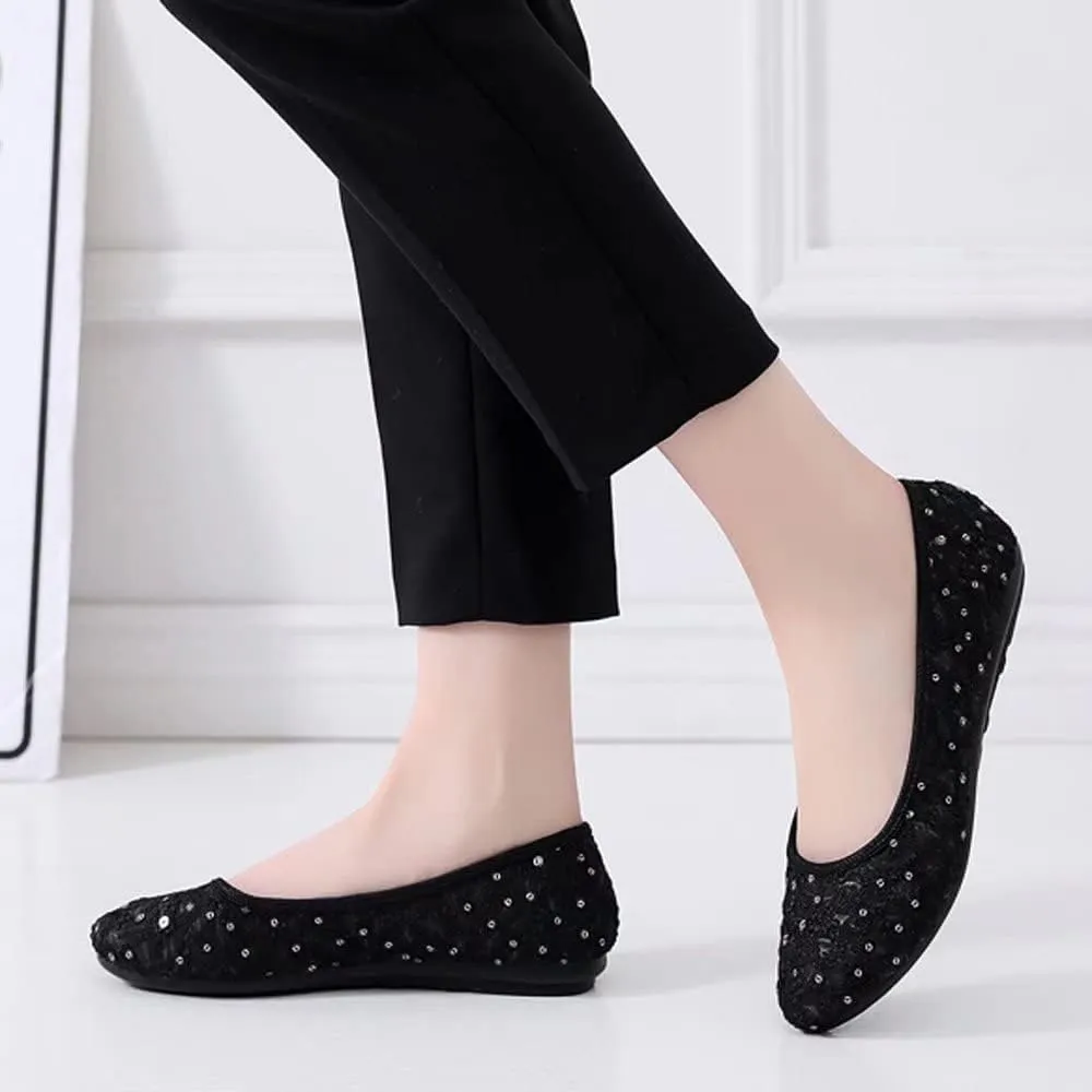 Stunner Womens Sequins Lace Cutout Dress Shoes Soft Ronud Toe Slip On Ballet Flats