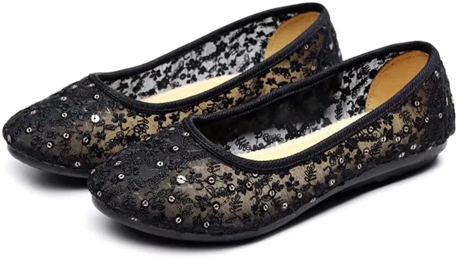Stunner Womens Sequins Lace Cutout Dress Shoes Soft Ronud Toe Slip On Ballet Flats
