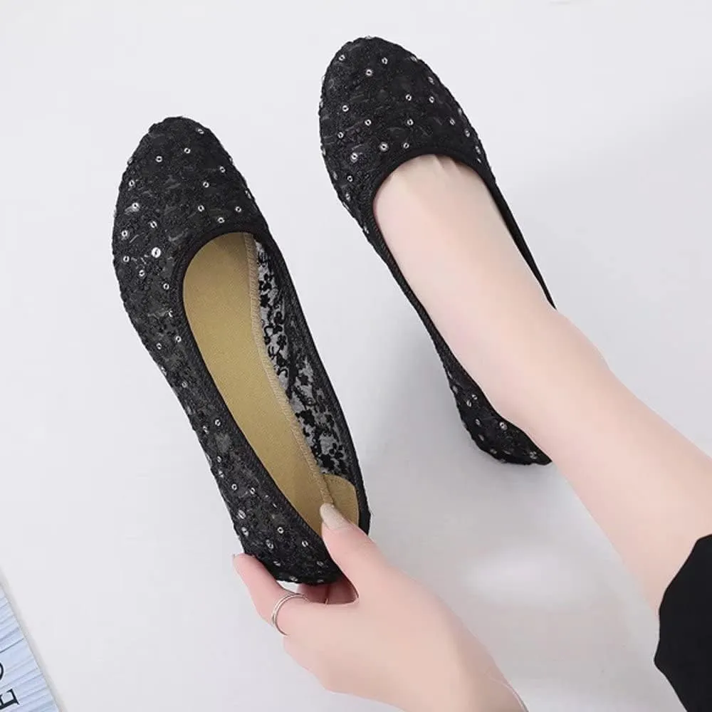 Stunner Womens Sequins Lace Cutout Dress Shoes Soft Ronud Toe Slip On Ballet Flats