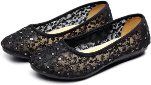 Stunner Womens Sequins Lace Cutout Dress Shoes Soft Ronud Toe Slip On Ballet Flats