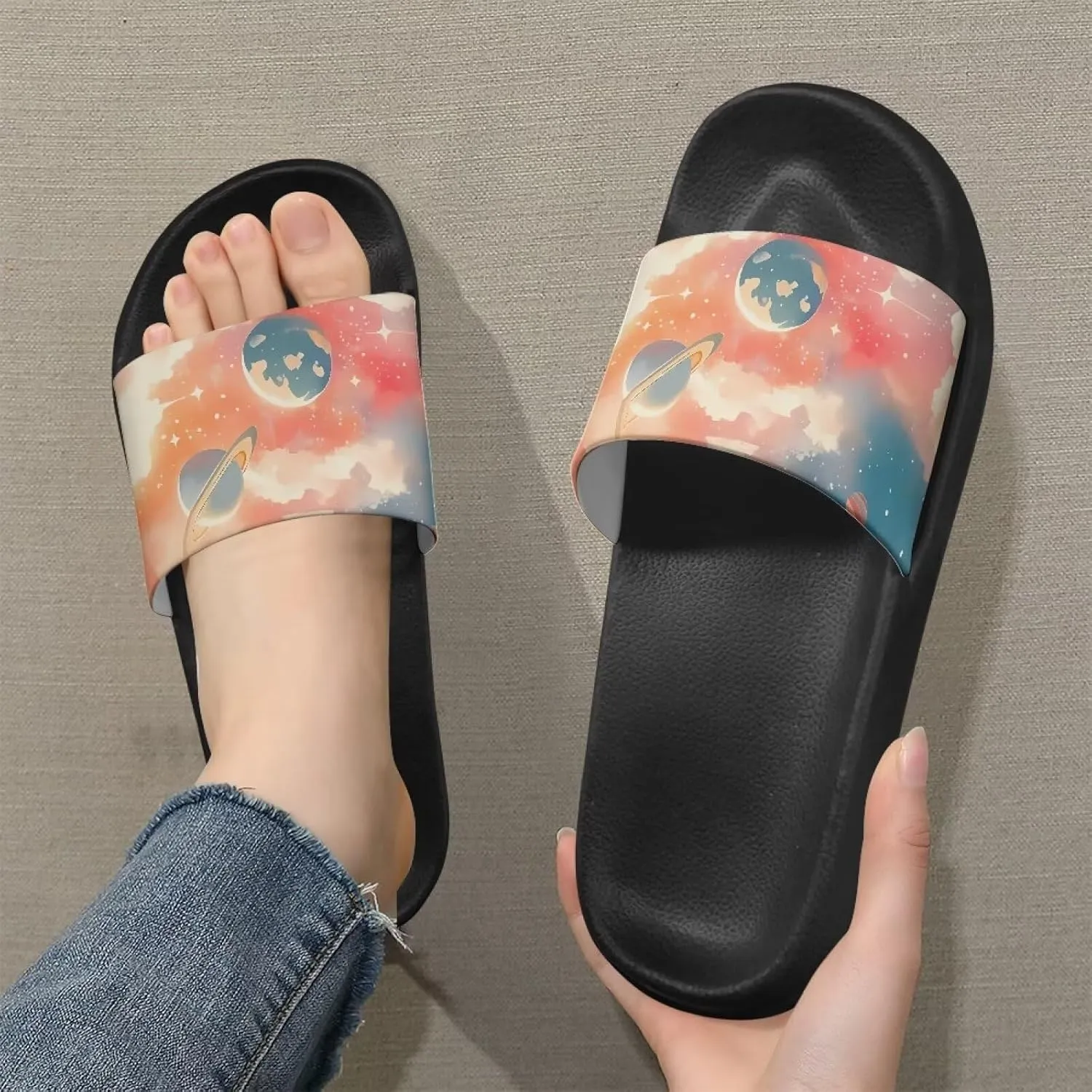 Summer Slide Sandals for Women Lightweight Comfort Open Toe Single Band Slides Shower Non-Slip Quick-Dry Slippers Thickened Sole Black Size 5-12.5