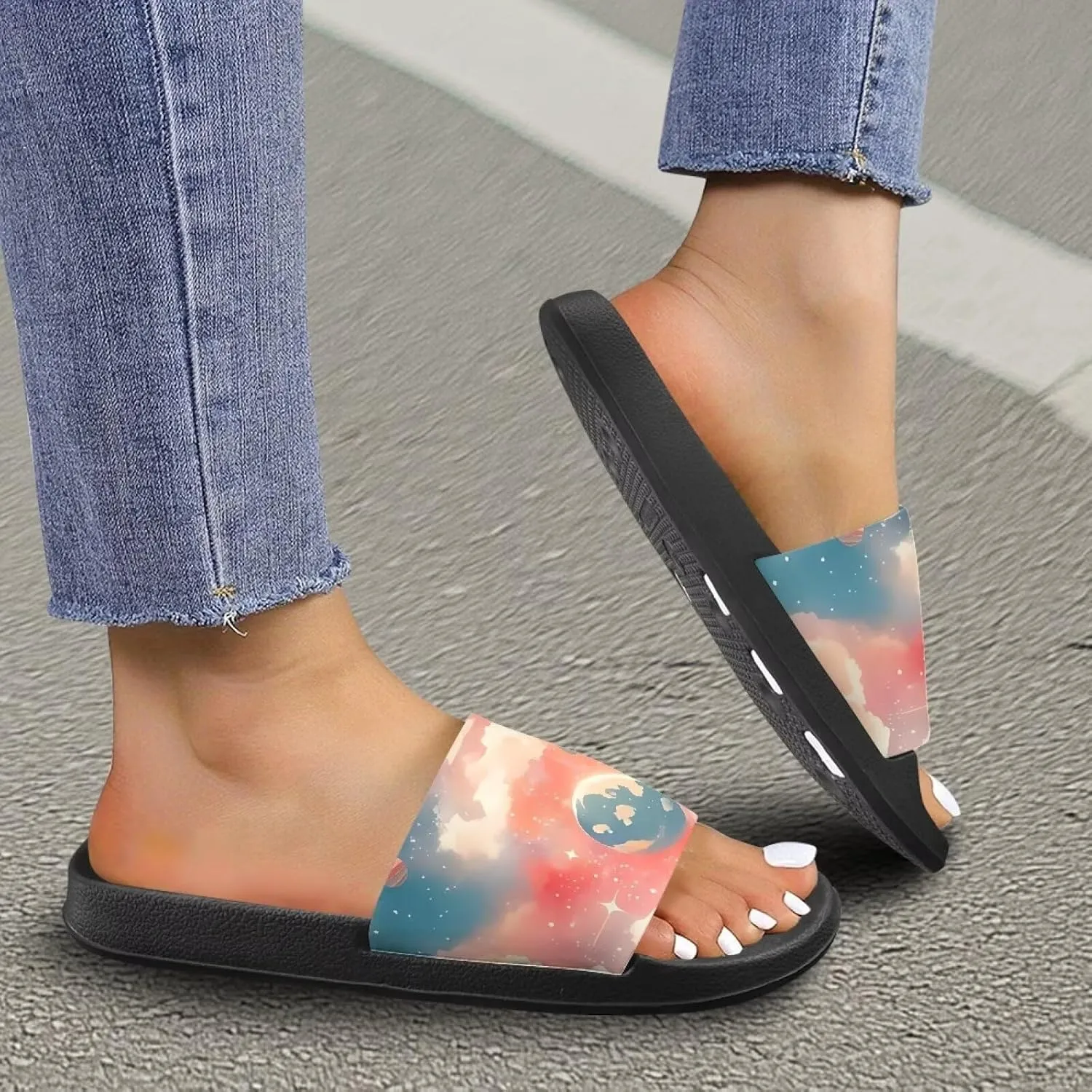 Summer Slide Sandals for Women Lightweight Comfort Open Toe Single Band Slides Shower Non-Slip Quick-Dry Slippers Thickened Sole Black Size 5-12.5
