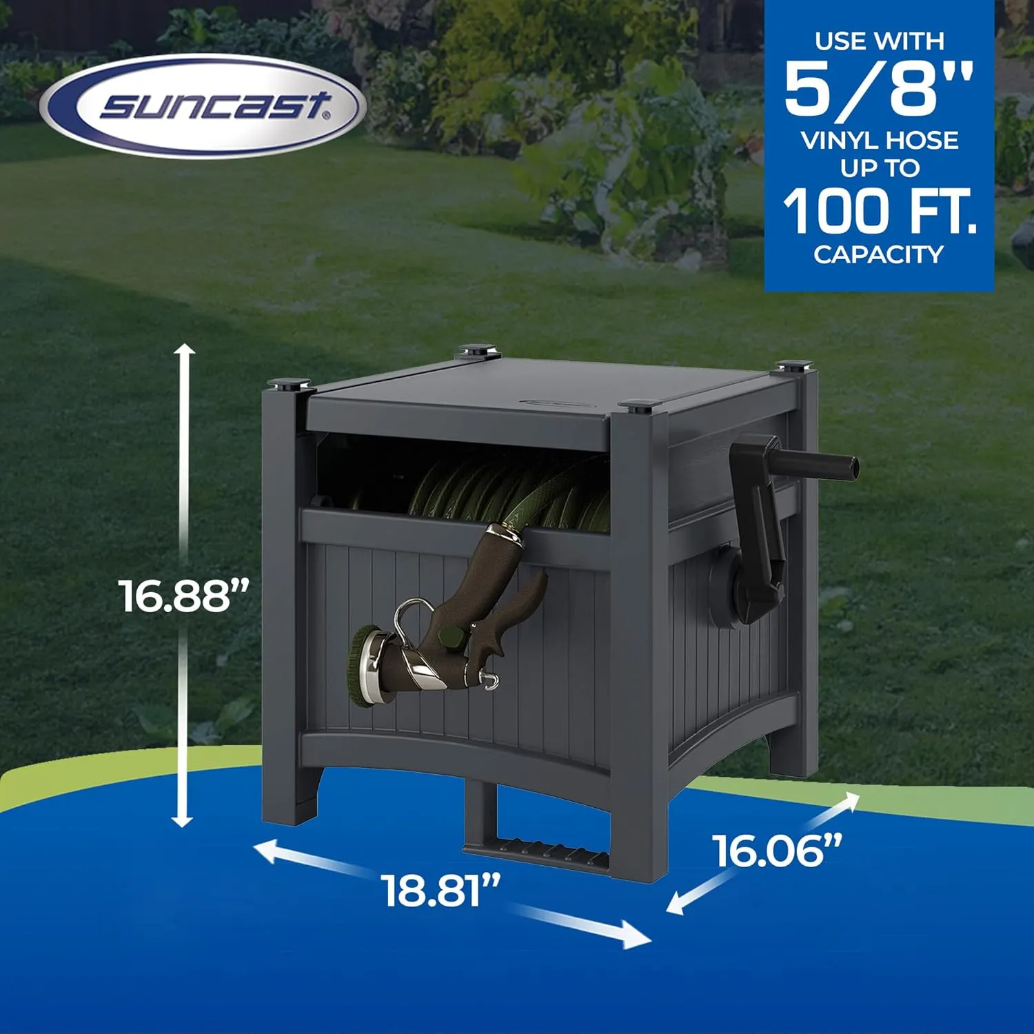 Suncast Hideaway Garden Hose Reel, Holds 100' of 5/8" Standard Vinyl Hose, Cyberspace Grey