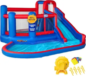 Sunny & Fun Big Time Bounce-A-Round Inflatable Water Slide Park – Heavy-Duty for Outdoor Fun - Climbing Wall, Slide & Splash Pool – Easy to Set Up & Inflate with Included Air Pump & Carrying Case
