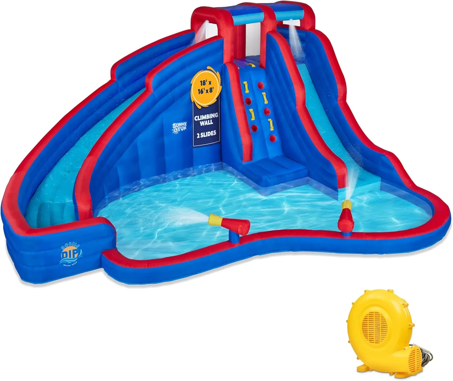 Sunny & Fun Double Dip Inflatable Water Slide Park – Heavy-Duty for Outdoor Fun - Climbing Wall, 2 Slides & Splash Pool – Easy to Set Up & Inflate with Included Air Pump & Carrying Case