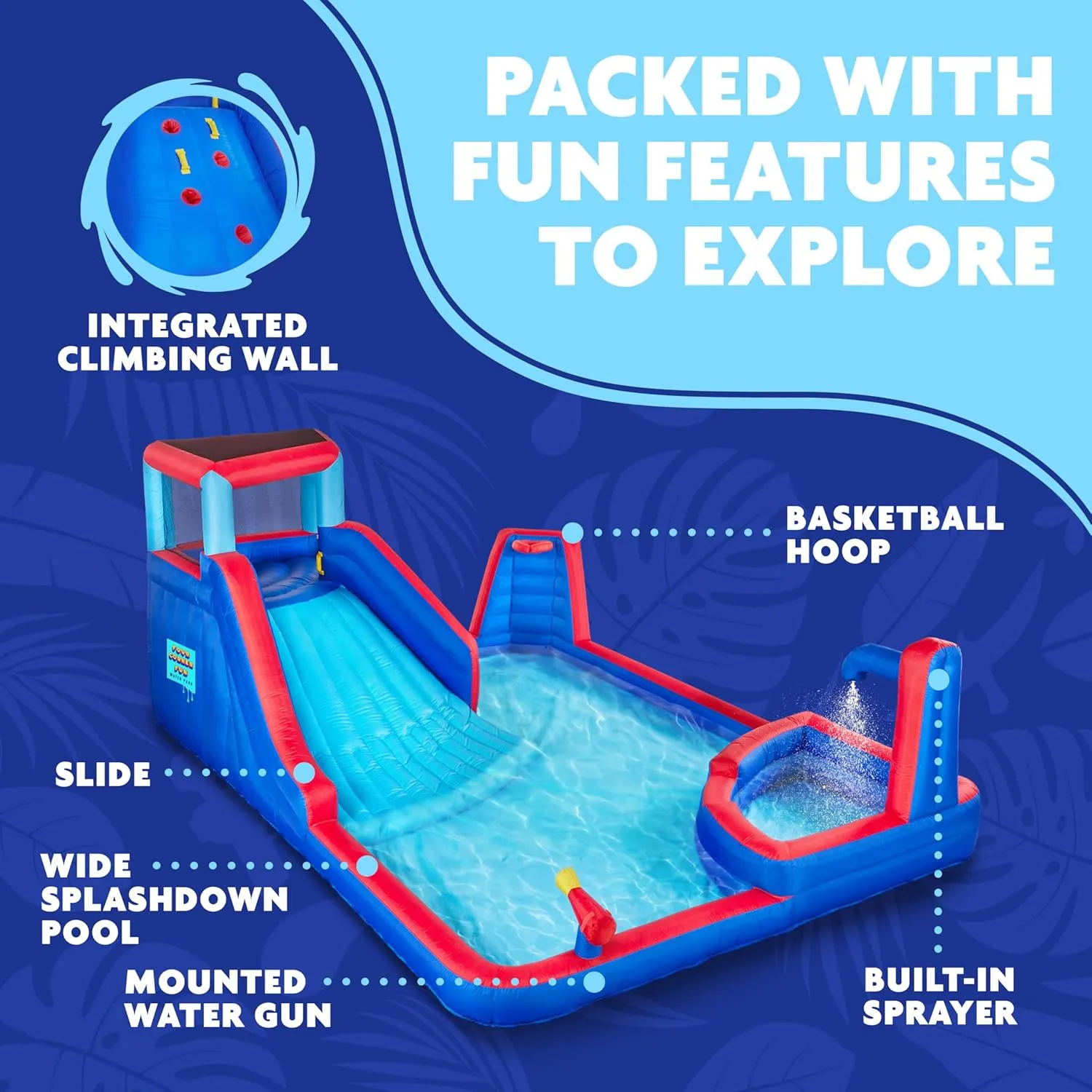 Sunny & Fun Four Corner Inflatable Water Slide Park – Heavy-Duty for Outdoor Fun - Climbing Wall, Slide & Deep Pool – Easy to Set Up & Inflate with Included Air Pump & Carrying Case