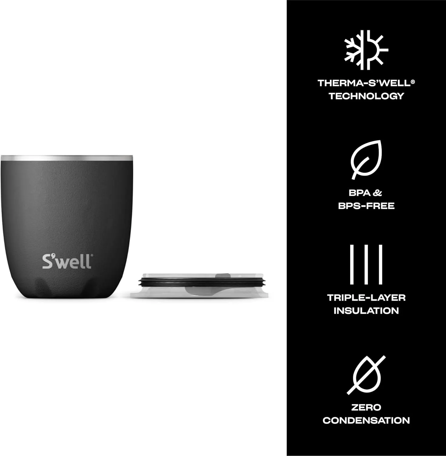 S'well Stainless Steel Tumbler with Slide-Open Lid, 10oz, Onyx, Triple Layered Vacuum Insulated Containers Keeps Drinks Colder and Hotter for Longer, BPA Free